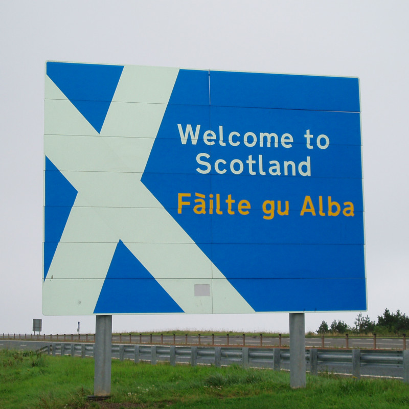 A sign atthe Scottish Border reading 'Welcome to Scotland'