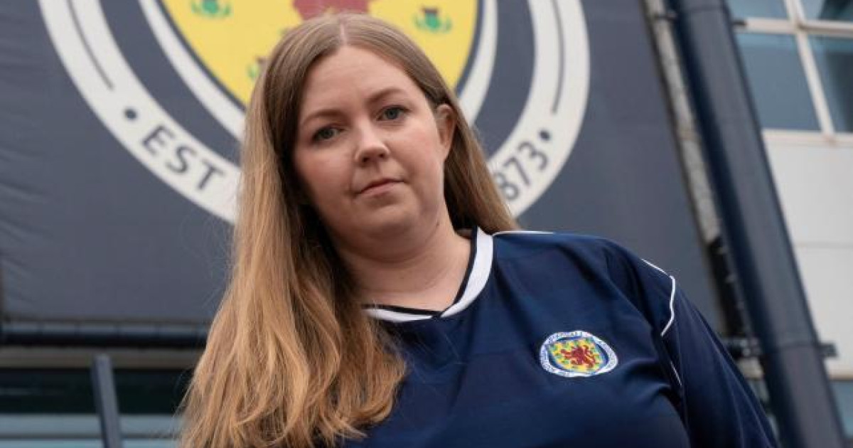 Gillian Mackay MSP in a Scotland football top in front of Hampden.