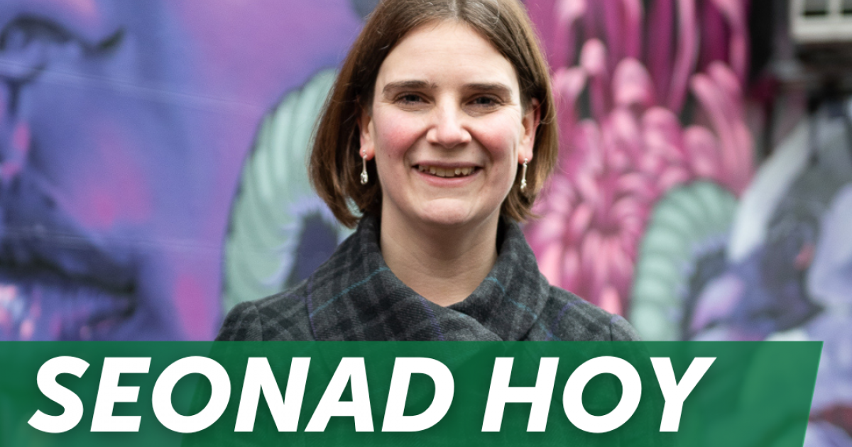 Seonad Hoy Congratulations Graphic An image of Seonad Hoy, Hillhead's new Green councillor. On a dark green rectangle near the top of the image sits the word 'Congratulations' in white. At the bottom of the image white text sits against a dark green rhombus, fading to light green lower d