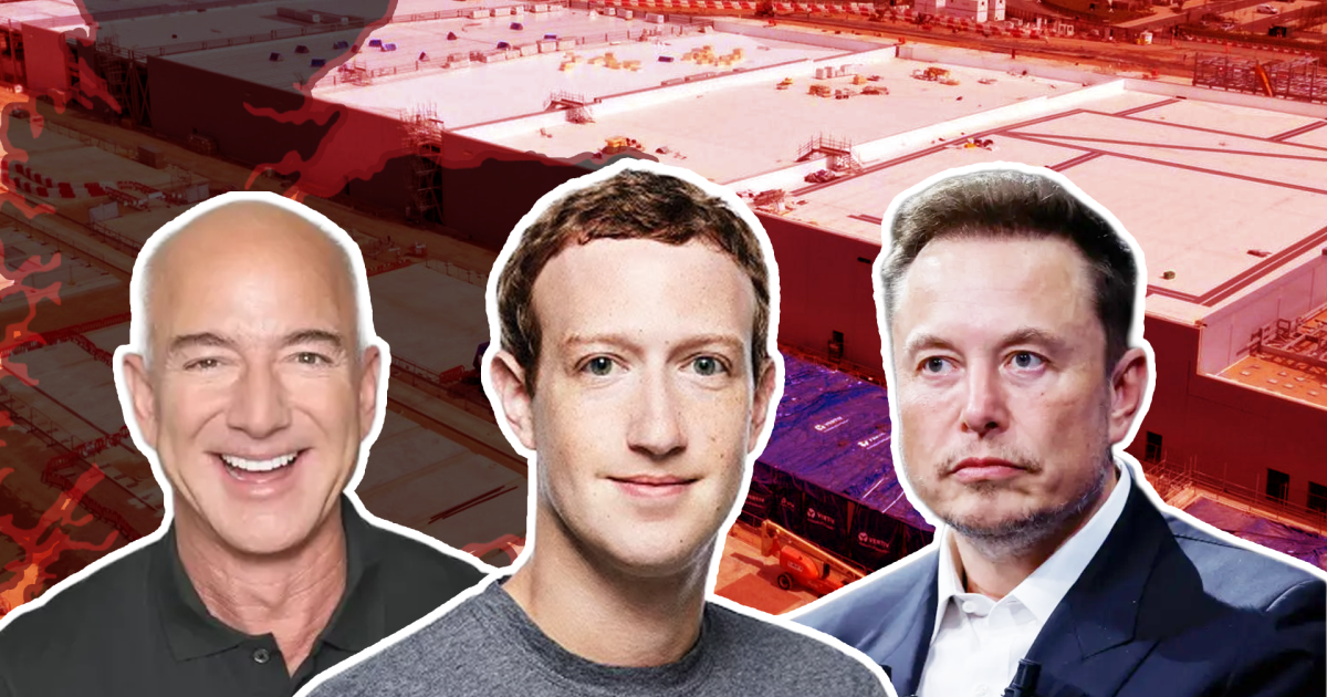 Jeff Bezos, Sam Altman and Elon Musk in front of a data centre