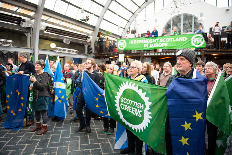 Scottish Green members at Independence Rally in 2020, holding Green flags, EU flags and banners.