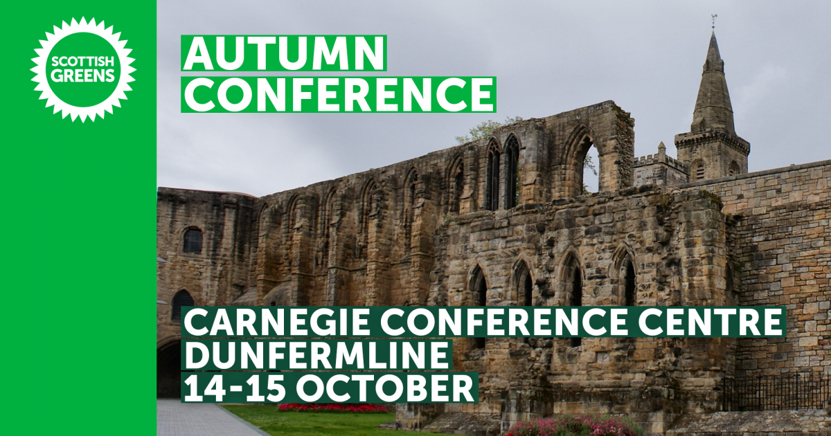 A photo of the Dunfermline Abbey back entrance used as the background saying Autumn Conference 2023 in Carnegie Conference Centre, Dunfermline.  
