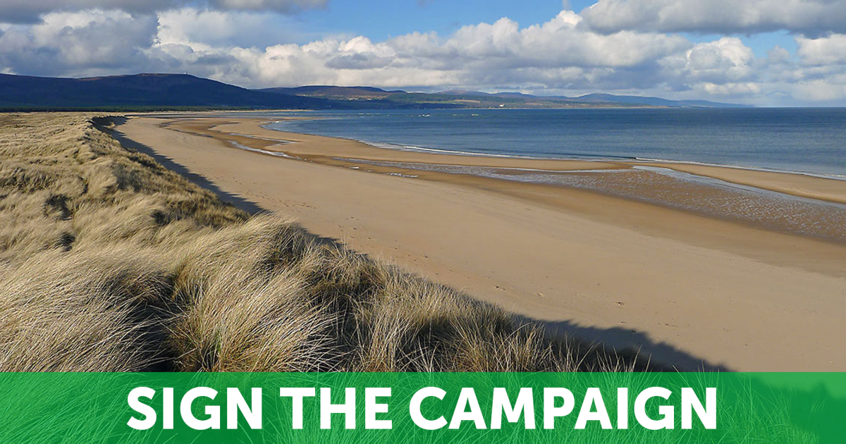 Sign the campaign. A photo of Coul Links showing a beautiful, wild beach landscape.