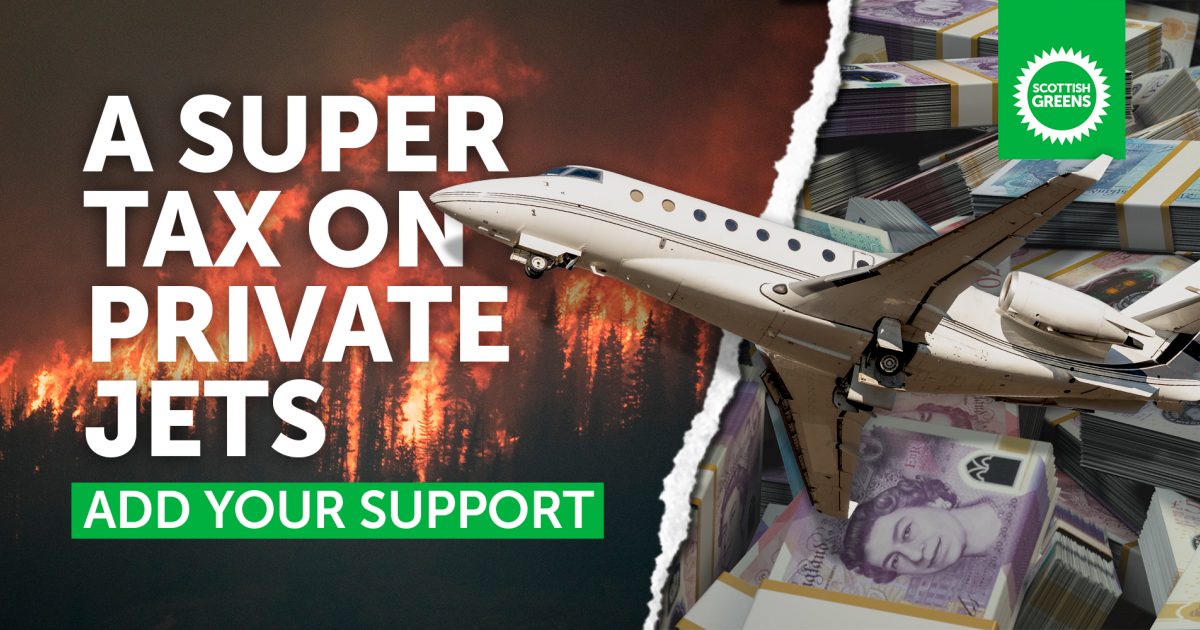 "A super tax on private jets. Add your support." Graphic is of a wildfire, pile of money and a private jet.