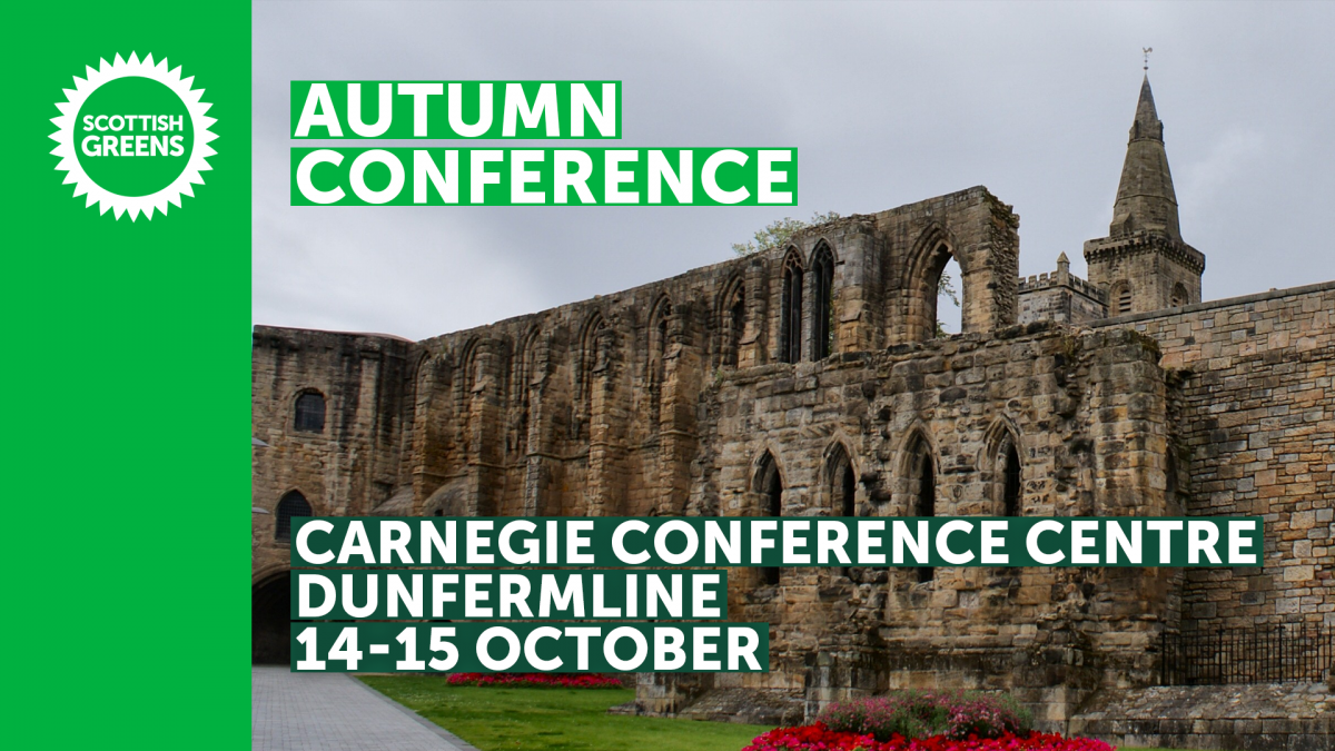A photo of the Dunfermline Abbey back entrance used as the background saying Autumn Conference 2023 in Carnegie Conference Centre, Dunfermline.